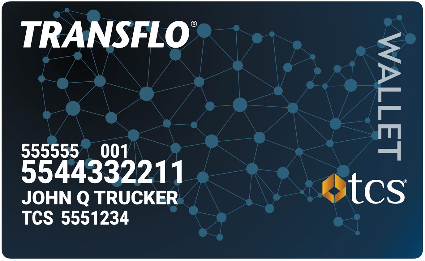 A rendered image of the Transflo Wallet TCS fuel card.